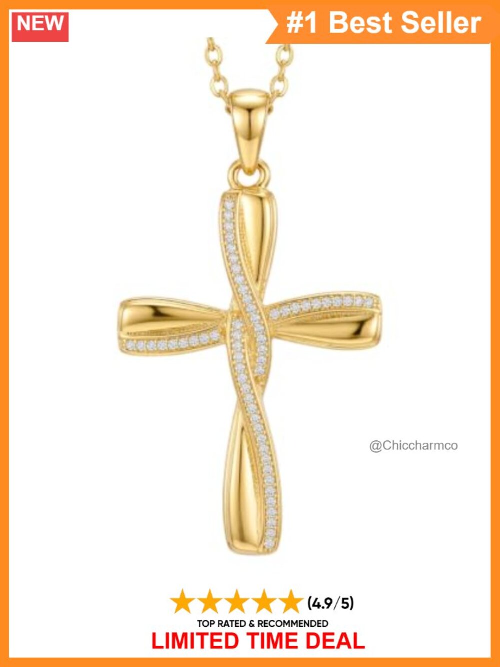 14K Gold Plated Cross Necklace 5A Cubic Zirconia 18+2 Inch